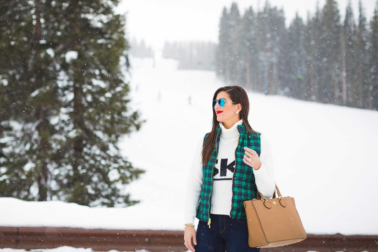 ski turtleneck, winter style, winter fashion, plaid vest, plaid quilted vest, plaid puffer vest, brown booties, colorado, crested butte, ski town, ski sweater, tory burch robinson pebbled square tote, ray ban flash lens, vineyard vines plaid vest // grace wainwright from a southern drawl