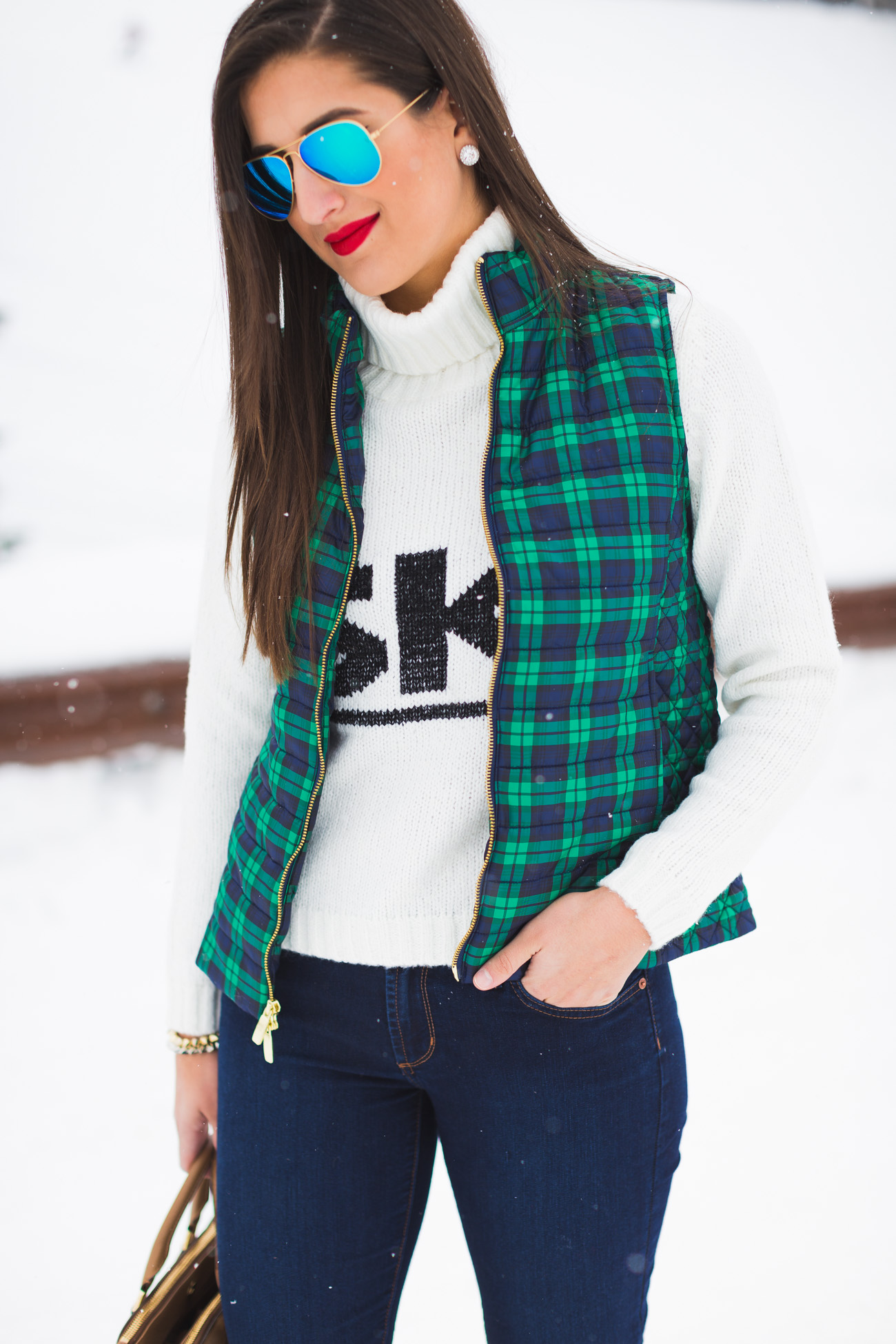 ski turtleneck, winter style, winter fashion, plaid vest, plaid quilted vest, plaid puffer vest, brown booties, colorado, crested butte, ski town, ski sweater, tory burch robinson pebbled square tote, ray ban flash lens, vineyard vines plaid vest // grace wainwright from a southern drawl