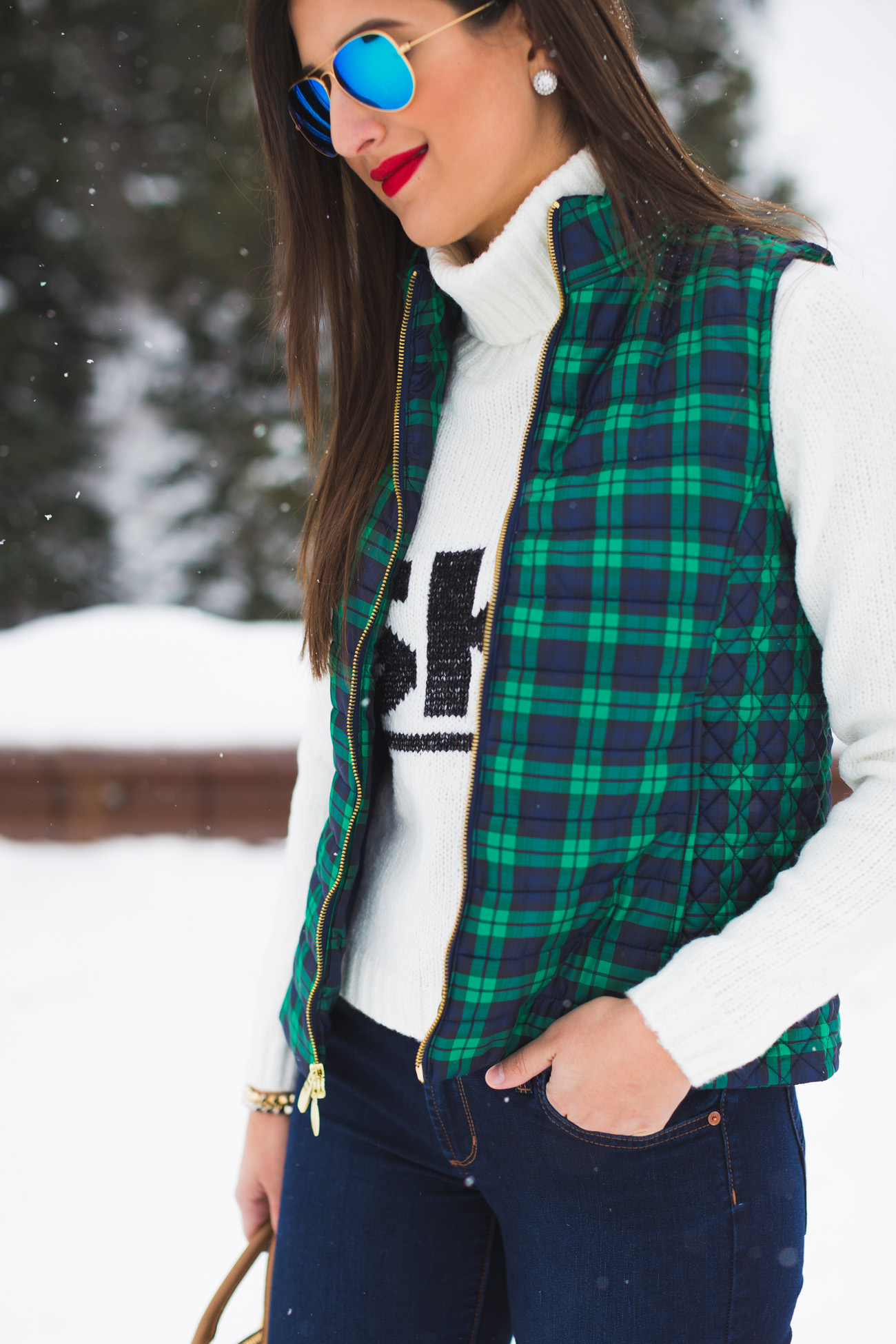 ski turtleneck, winter style, winter fashion, plaid vest, plaid quilted vest, plaid puffer vest, brown booties, colorado, crested butte, ski town, ski sweater, tory burch robinson pebbled square tote, ray ban flash lens, vineyard vines plaid vest // grace wainwright from a southern drawl