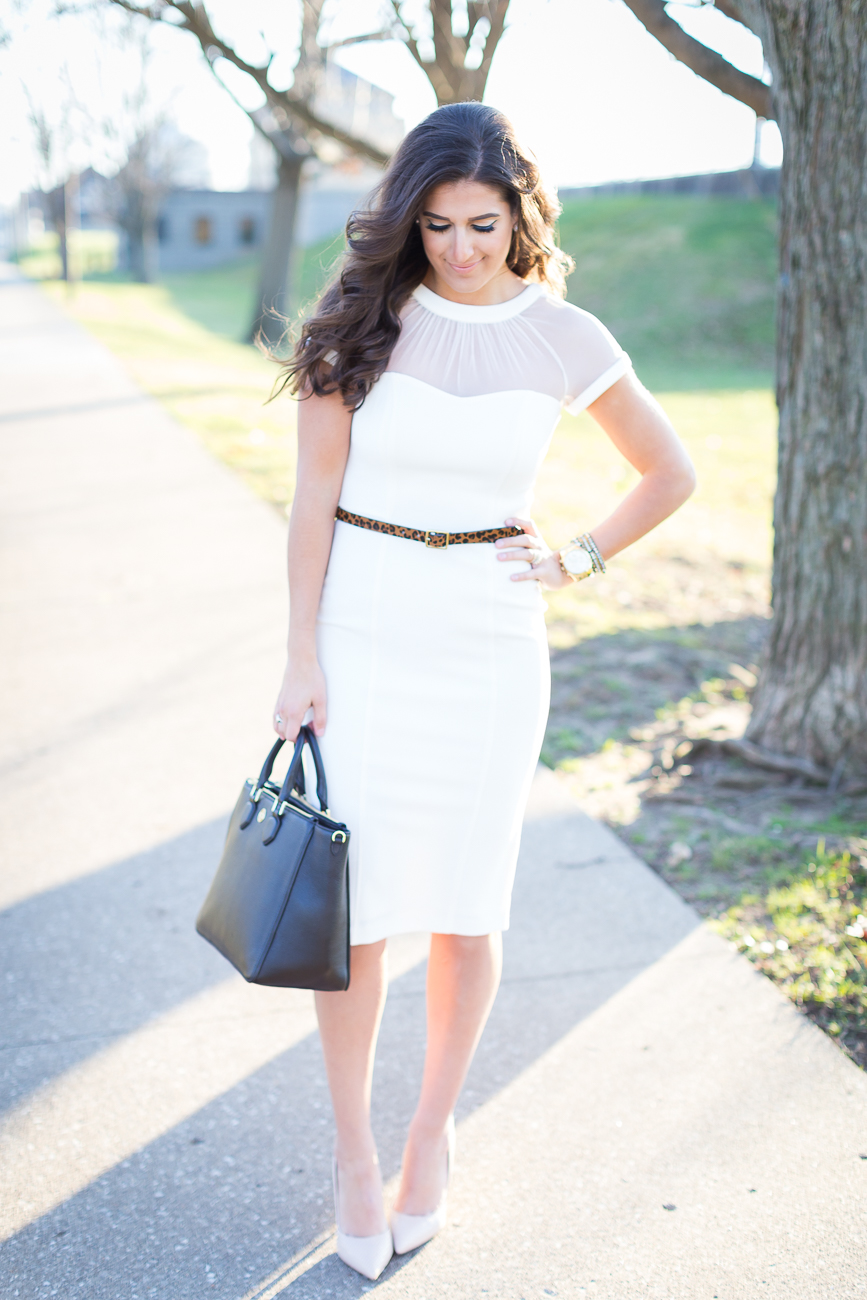 white midi dress, nude pumps, leopard belt, calf hair belt, tory burch robinson pebbled square tote, mesh dress, maggy london dress, white dress, bride to be dress, rehearsal dinner dress // grace wainwright from a southern drawl