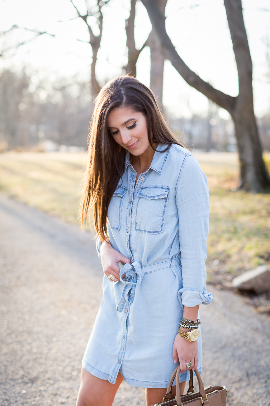 chambray dress, chambray shirt dress, denim shirt dress, denim dress, nude wedges, nude sandals, nude espadrille sandals, tory burch robinson pebbled square tote, strappy sandals, spring style, spring outfit ideas, spring outfits, casual outfits, casual style, denim outfit, chambray outfit // grace wainwright from a southern drawl
