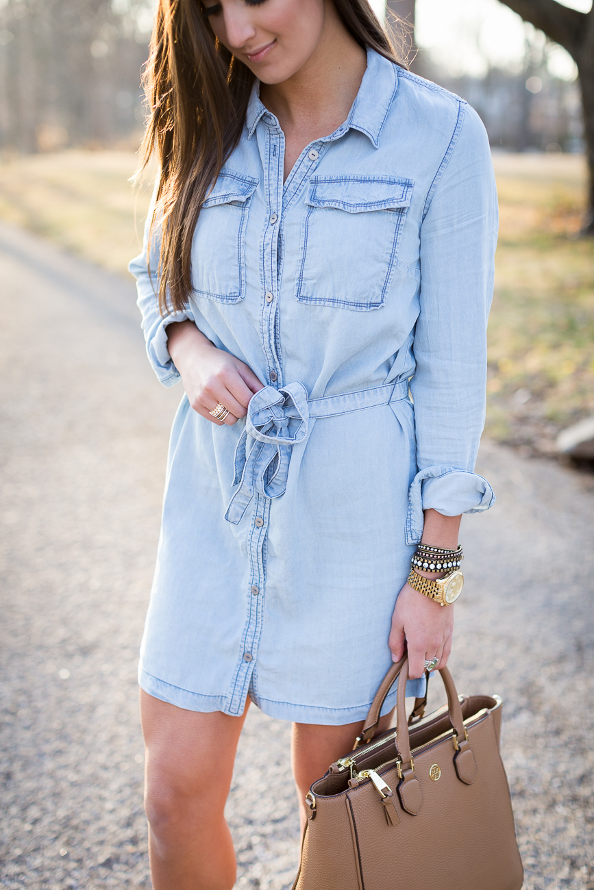 chambray dress, chambray shirt dress, denim shirt dress, denim dress, nude wedges, nude sandals, nude espadrille sandals, tory burch robinson pebbled square tote, strappy sandals, spring style, spring outfit ideas, spring outfits, casual outfits, casual style, denim outfit, chambray outfit // grace wainwright from a southern drawl