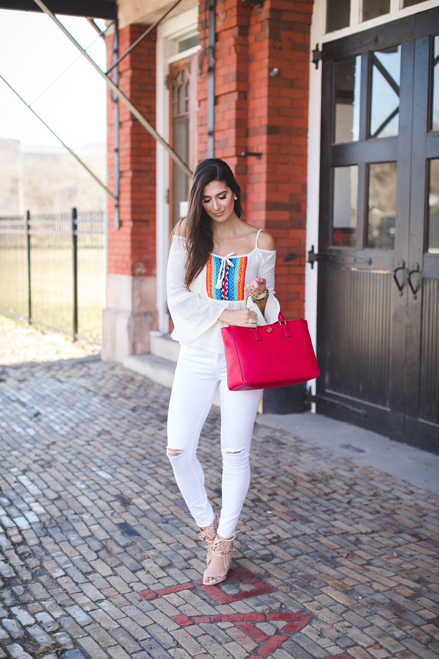 embroidered cold shoulder top, off the shoulder top, spring style, spring fever, spring outfit ideas, spring outfits, red tory burch robinson pebbled tote, colorful outfit, embroidered top // grace wainwright from a southern drawl
