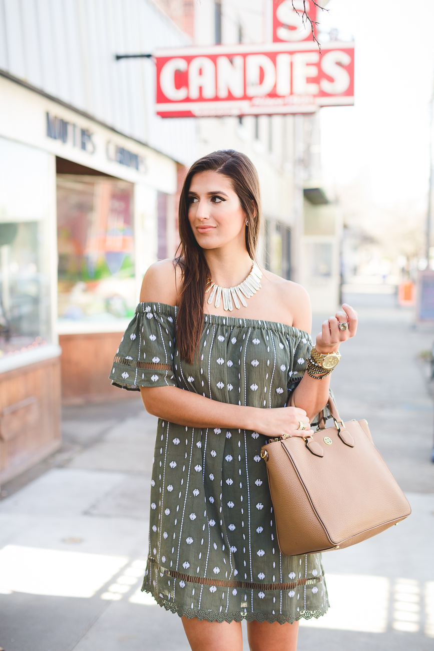 embroidered dress, embroidered off the shoulder dress, topshop dress, spring outfit idea, jeffrey campbell rodillo hi wedge sandal, baublebar gold ra bib statement necklace, tory burch robinson pebbled square tote, warm outfit ideas // grace wainwright from a southern drawl