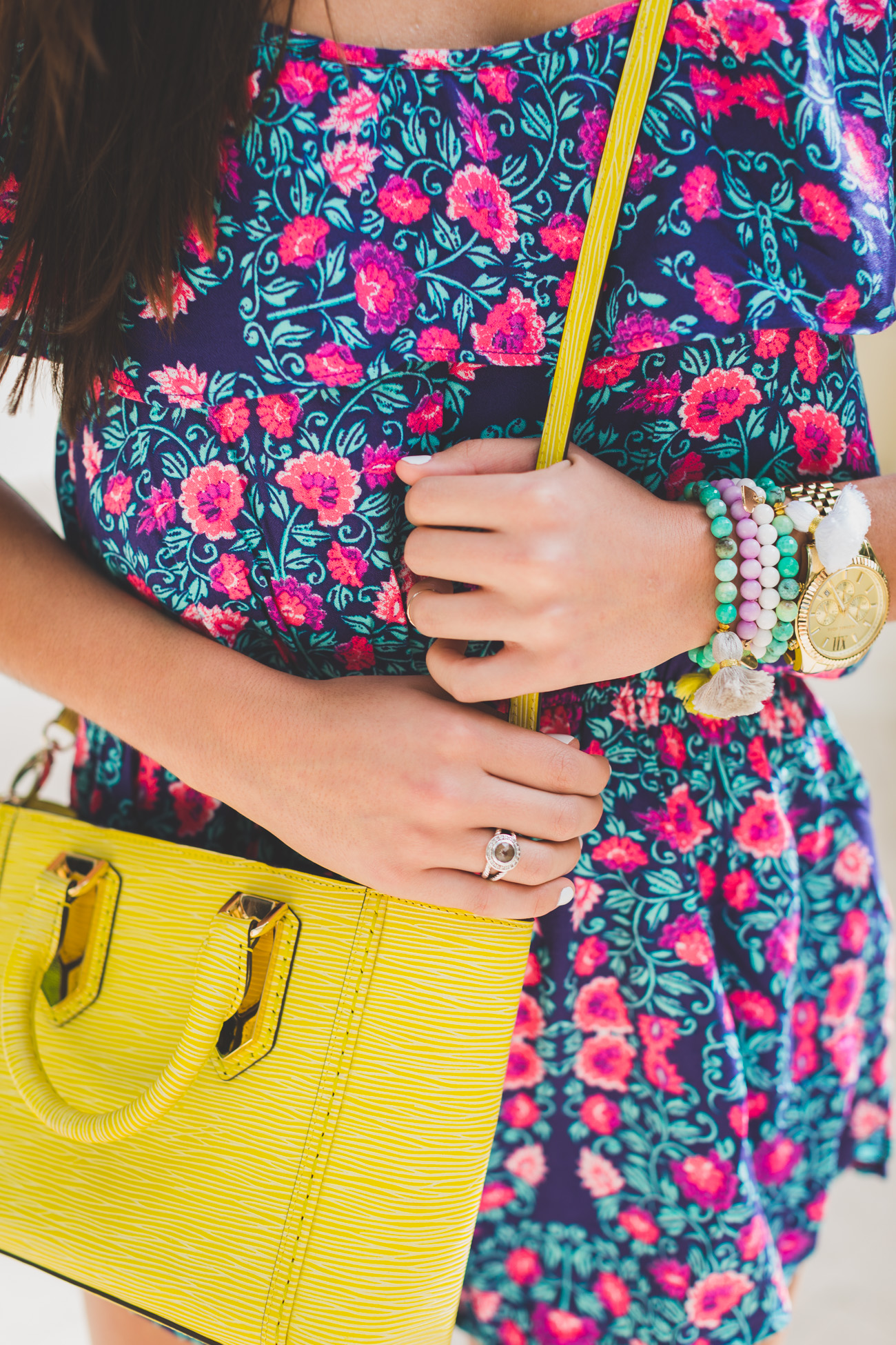 floral romper, floral dress, off the shoulder romper, pink mirror aviators, henri bendel mini a-list satchel, minkpink romper, vacation style, copper wedges, rose gold wedge sandals,  tassel jewelry, tassel bracelets,  beach style // grace wainwright from a southern drawl