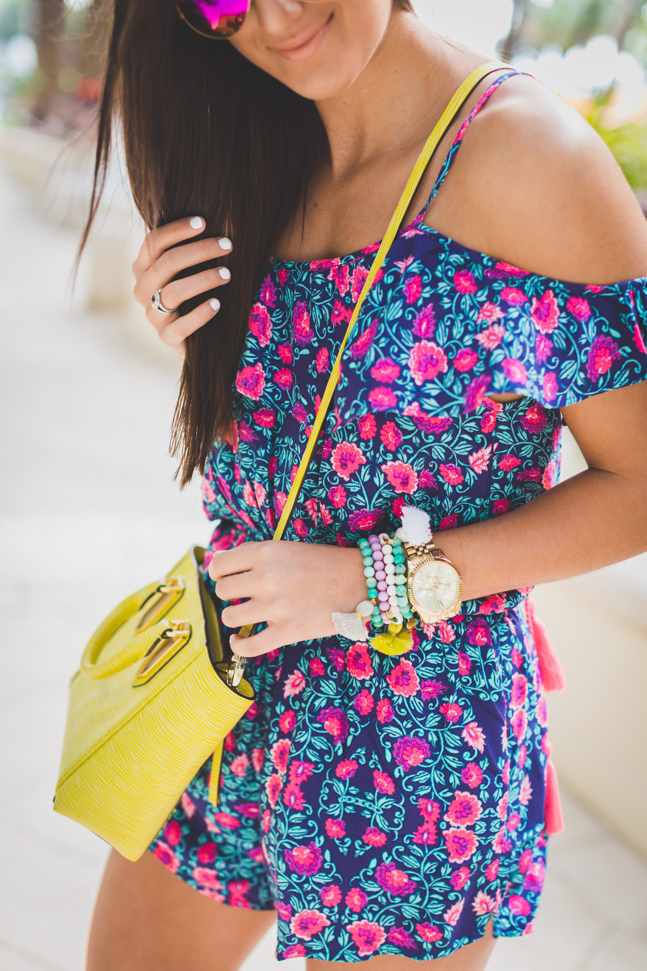 floral romper, floral dress, off the shoulder romper, pink mirror aviators, henri bendel mini a-list satchel, minkpink romper, vacation style, copper wedges, rose gold wedge sandals,  tassel jewelry, tassel bracelets,  beach style // grace wainwright from a southern drawl