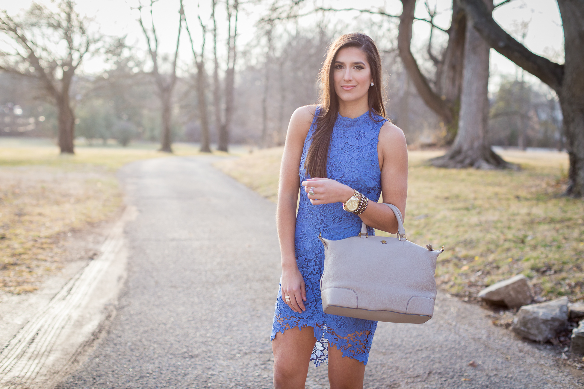 lace high low dress, blue dress, lace dress, hi lo dress, tory burch slouchy satchel, spring outfit ideas, spring style, all lace outfit, french gray satchel // grace wainwright from a southern drawl