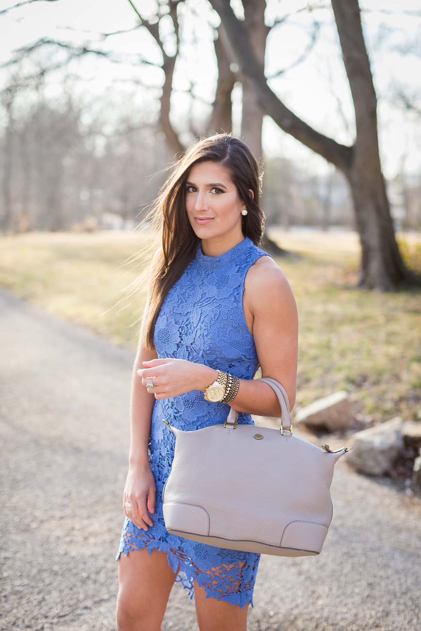 lace high low dress, blue dress, lace dress, hi lo dress, tory burch slouchy satchel, spring outfit ideas, spring style, all lace outfit, french gray satchel // grace wainwright from a southern drawl