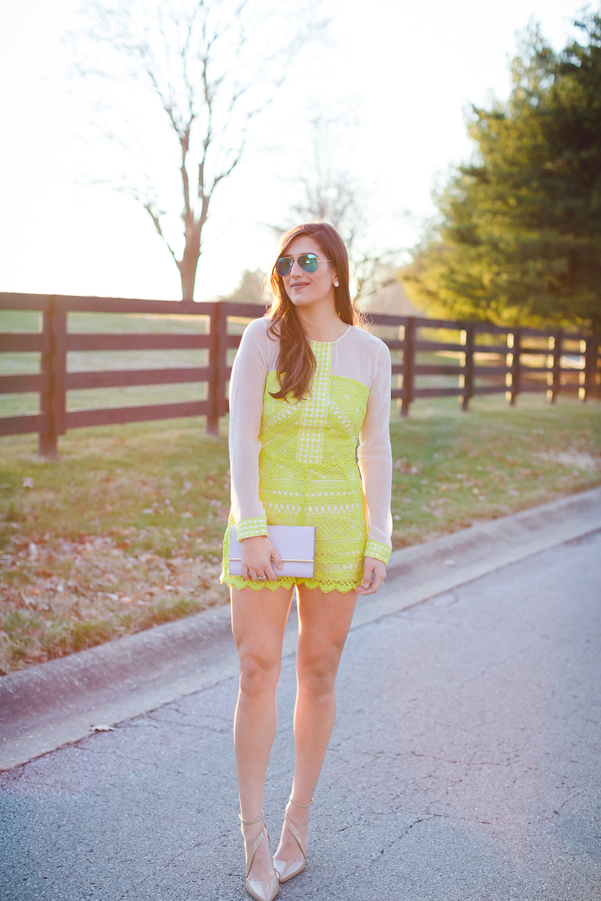 Lime romper, neon romper, lace romper, summer style, spring style, nude pumps, lace jumpsuit, bride outfit, bride rehearsal dinner dress, magenta romper, lace dress, date night outfit // grace wainwright from a southern drawl