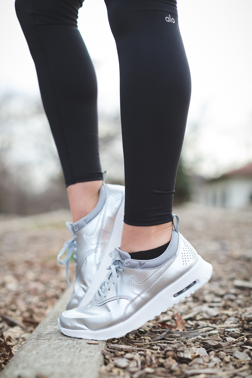 nike sneakers, nike air max thea sneakers, nike metallic sneakers, silver metallic sneakers, nike hoodie, activewear outfit, fitness routine, workout routine , stylish workout outfit, alo airbrush high waist leggings, meal prep ideas, meal prep for the week, leg workouts // grace wainwright from a southern drawl