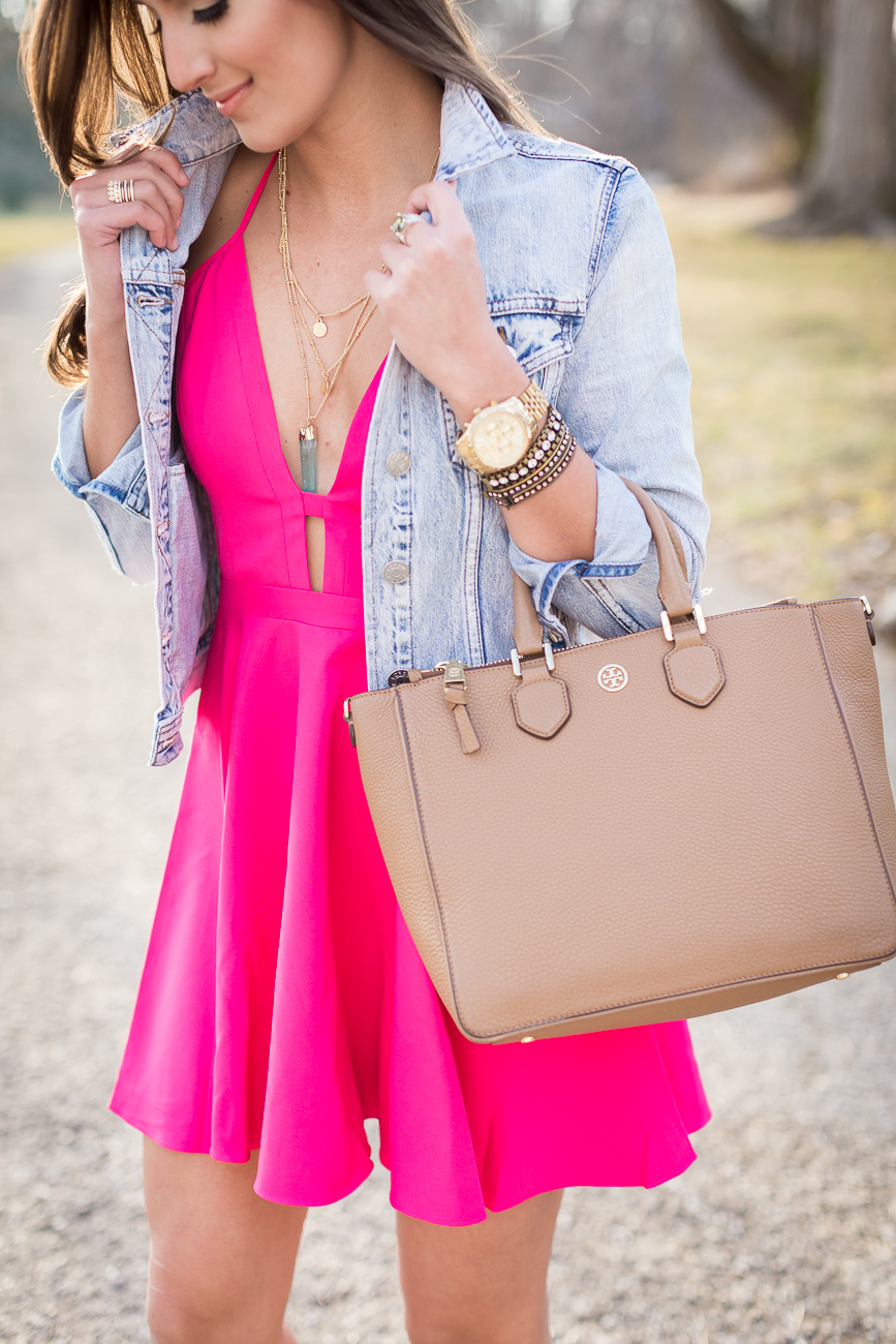 pink flare dress, pink skater dress,  turquoise necklace, denim jacket, vintage denim jacket, jeffrey campbell wedge sandals, little pink dress, pink outfit, spring outfit ideas, spring style // grace wainwright from a southern drawl