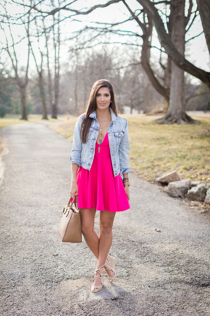pink flare dress, turquoise necklace, denim jacket, vintage denim jacket, jeffrey campbell wedge sandals, little pink dress, pink outfit, spring outfit ideas, spring style // grace wainwright from a southern drawl