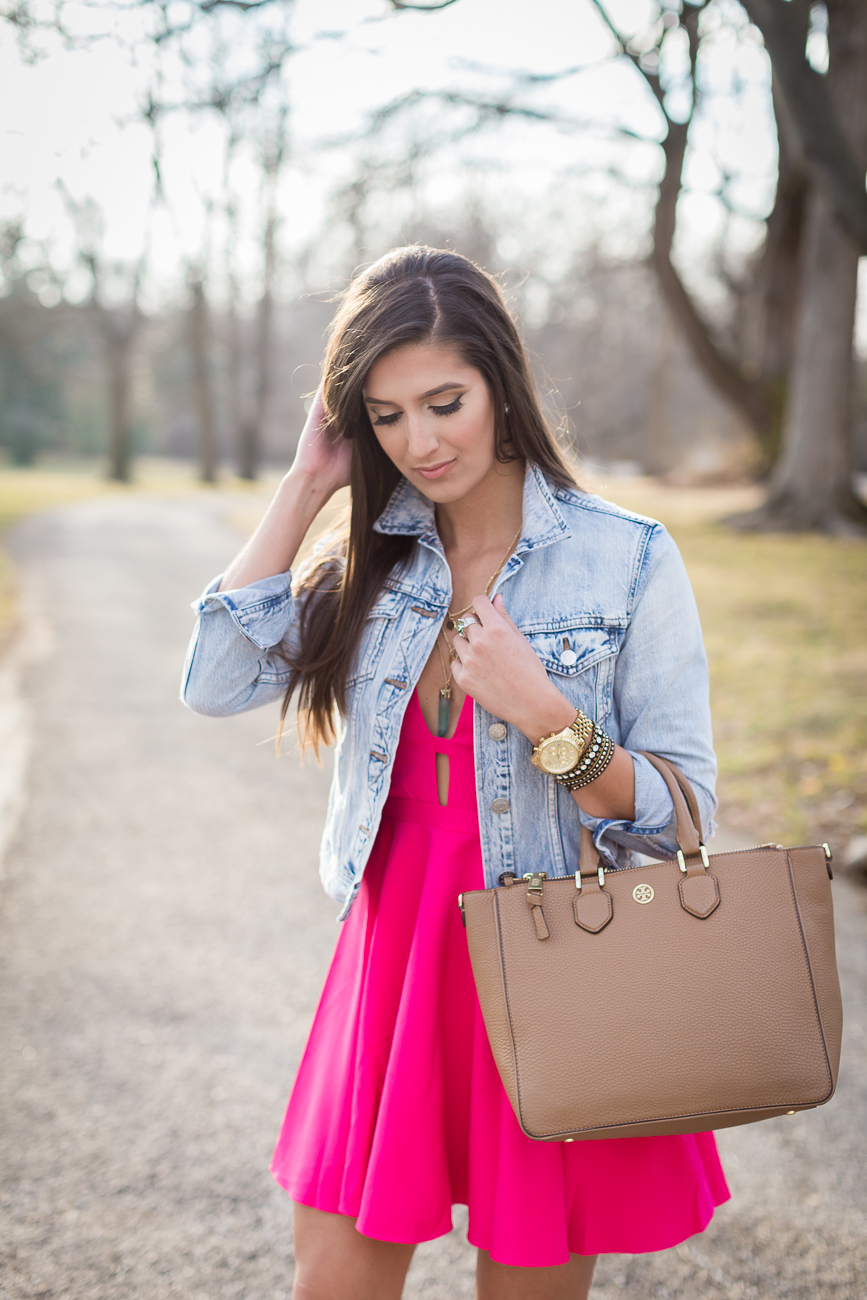 pink flare dress, turquoise necklace, denim jacket, vintage denim jacket, jeffrey campbell wedge sandals, little pink dress, pink outfit, spring outfit ideas, spring style // grace wainwright from a southern drawl