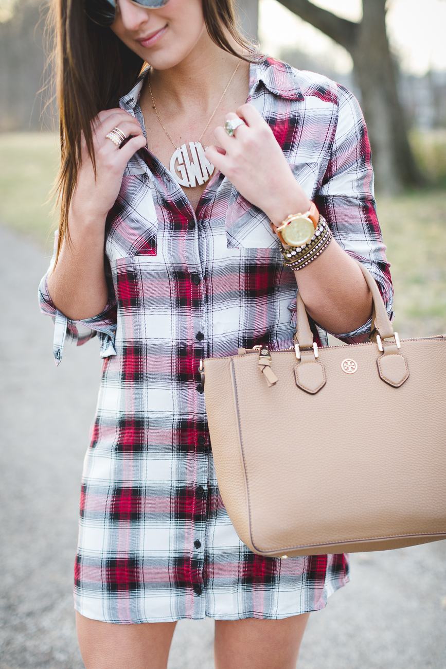 plaid shirt dress, plaid flannel dress, flannel shirt dress, espadrille wedge sandals, michael kors gabrielle espadrille sandals, acrylic monogram necklace, casual style, casual dress // grace wainwright from a southern drawl