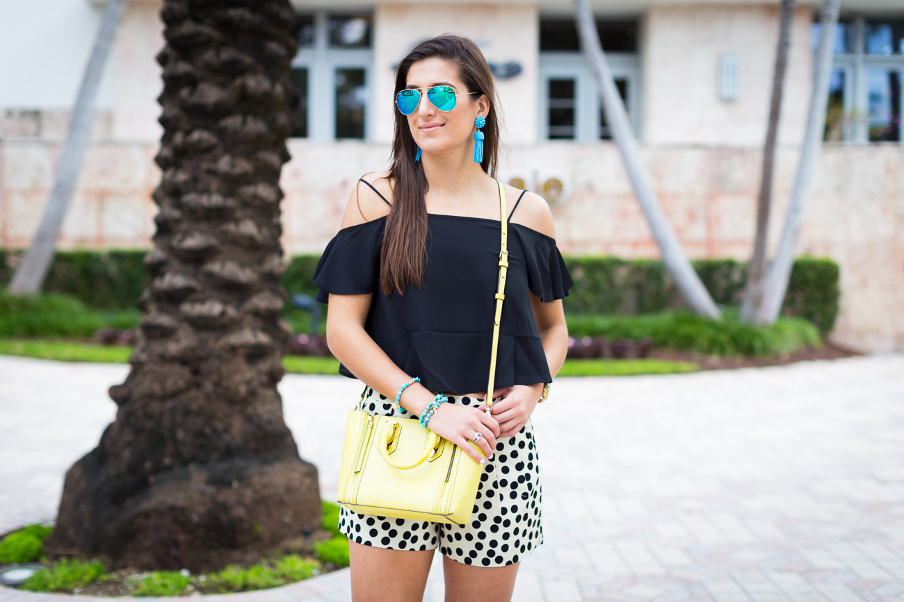polka dot shorts, cold shoulder top, off the shoulder top, tropical style, vacation style, spring outfit, turquoise tassel earrings, nude wedge sandals, nude espadrille sandals // grace wainwright from a southern drawl