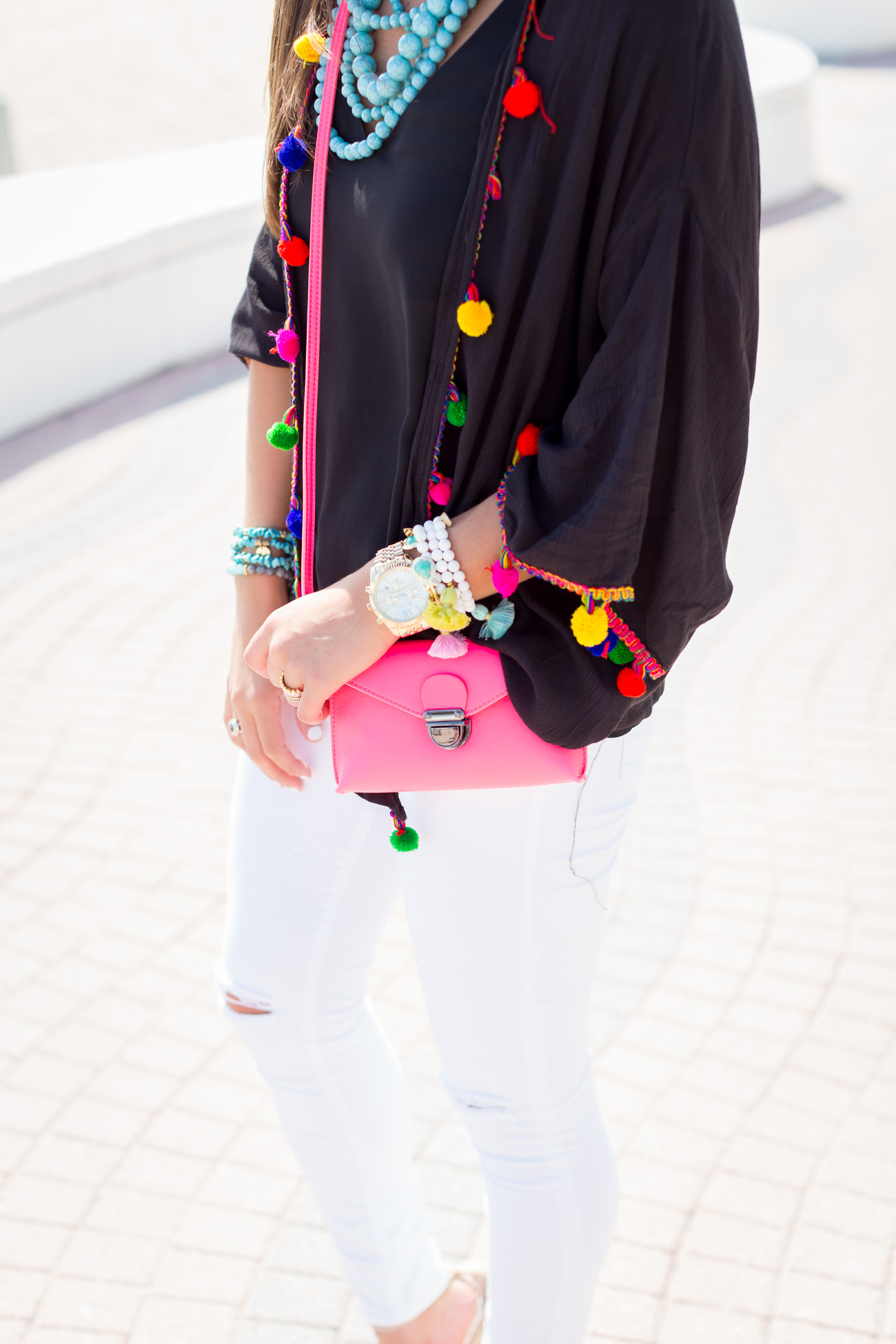 beach pom caftan, pom pom shirt, pom pom caftan, fuchsia crossbody bag, pink crossbody bag, turquoise statement necklace, turquoise jewelry, beach outfit, beach fashion, vacation outfit, vacation outfit, pink mirror aviators, pom outfit // grace wainwright from a southern drawl
