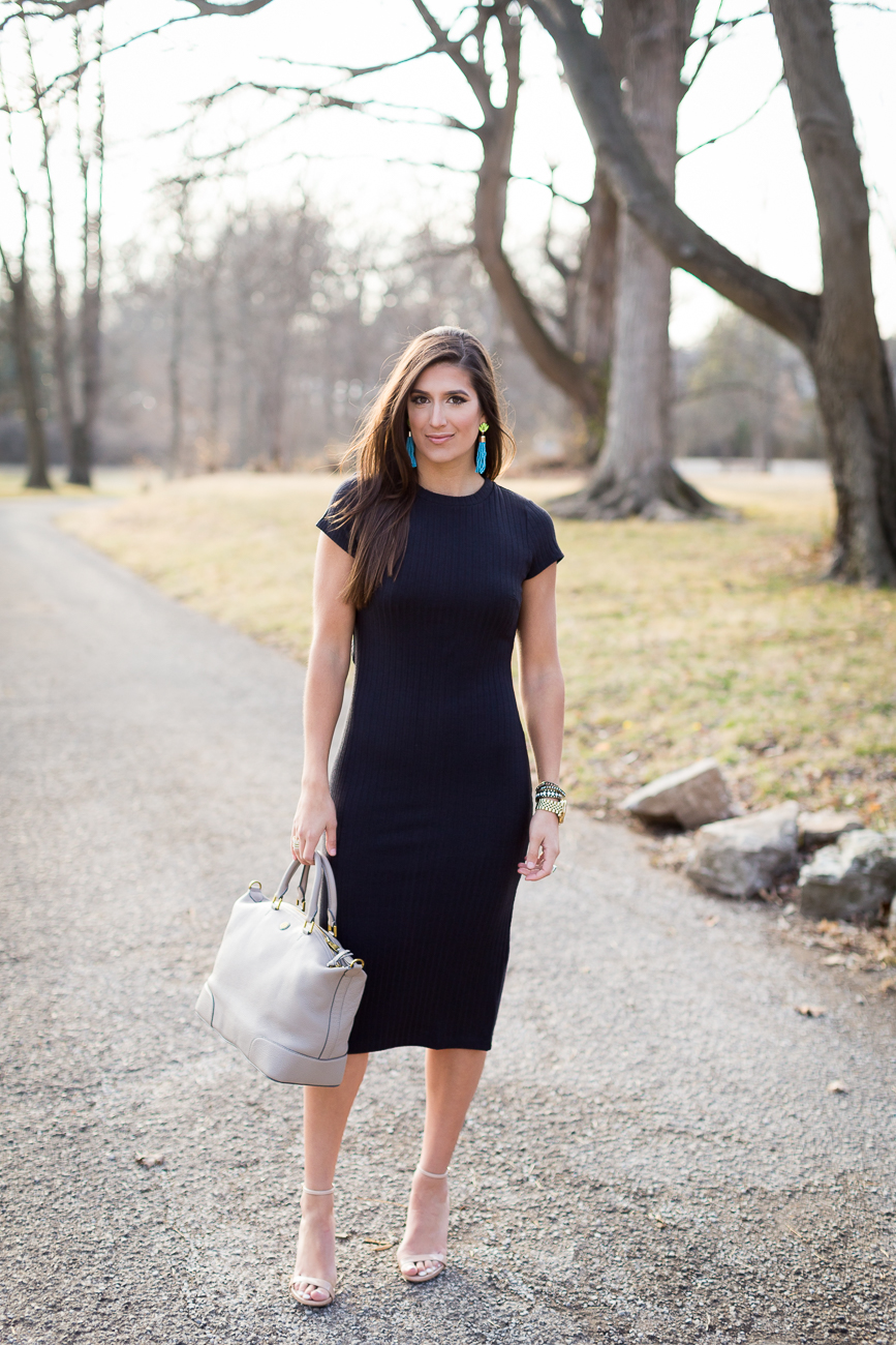 black midi dress, black open back dress, black cut out dress, free people midi dress, turquoise tassel earrings, spring fashion, spring outfit ideas, tory burch slouchy satchel, business casual outfit, little black dress,  turquoise jewelry, turquoise tassel earrings // grace wainwright from a southern drawl