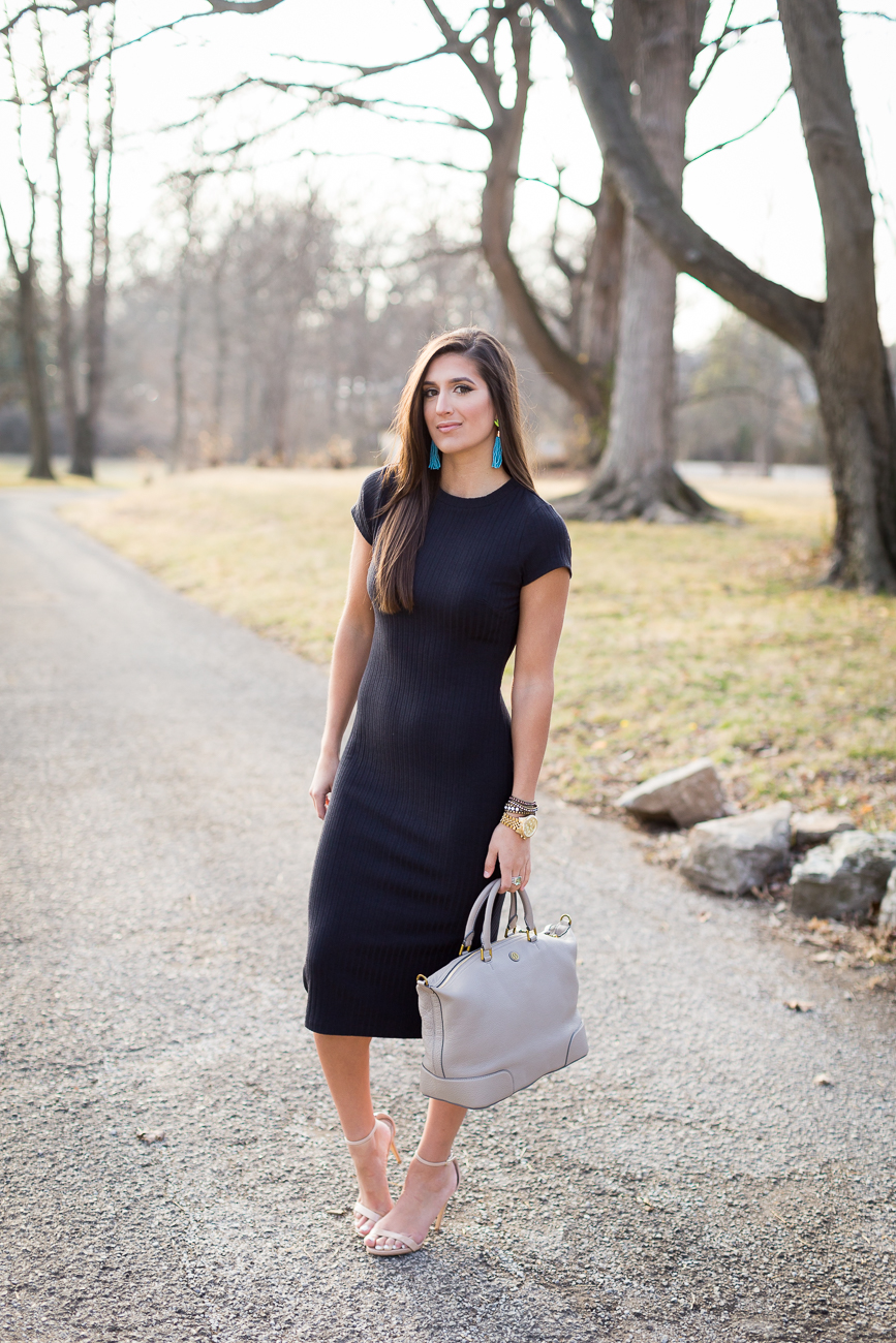 black midi dress, black open back dress, black cut out dress, free people midi dress, turquoise tassel earrings, spring fashion, spring outfit ideas, tory burch slouchy satchel, business casual outfit, little black dress,  turquoise jewelry, turquoise tassel earrings // grace wainwright from a southern drawl