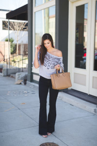 free people off the shoulder top, off the shoulder sweater, embroidered sweater, cutout sweater, lilac sweater, flare jeans, shopbop j brand flare jeans, spring style, spring outfit ideas, transitional style, transitional piece, staple piece, flare jeans // grace wainwright from a southern drawl