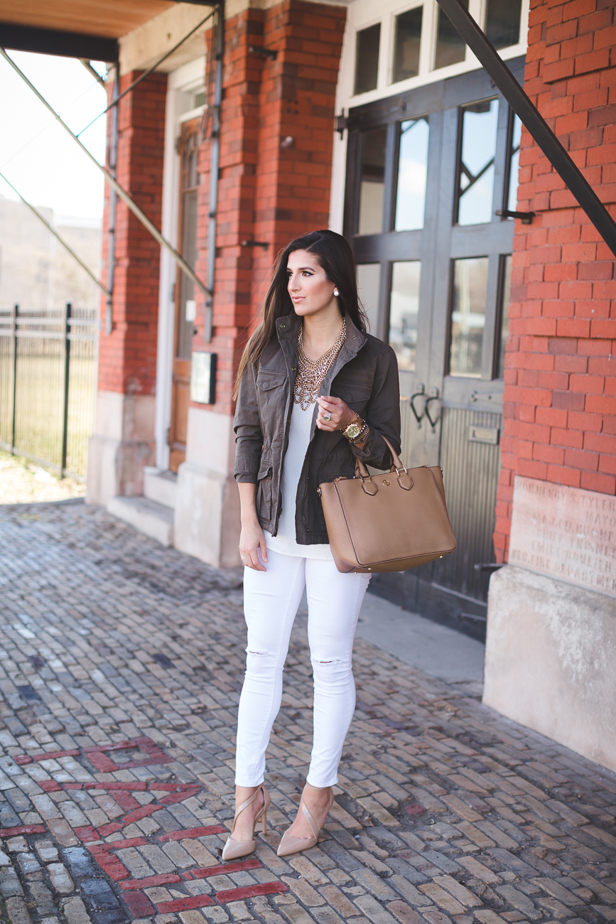 military jacket, utility jacket, green military jacket, hinge fatigue jacket, distressed white skinny jeans, baublebar courtney bib, gold statement bib, transitional piece, spring style, spring fever, spring outfits // grace wainwright from a southern drawl