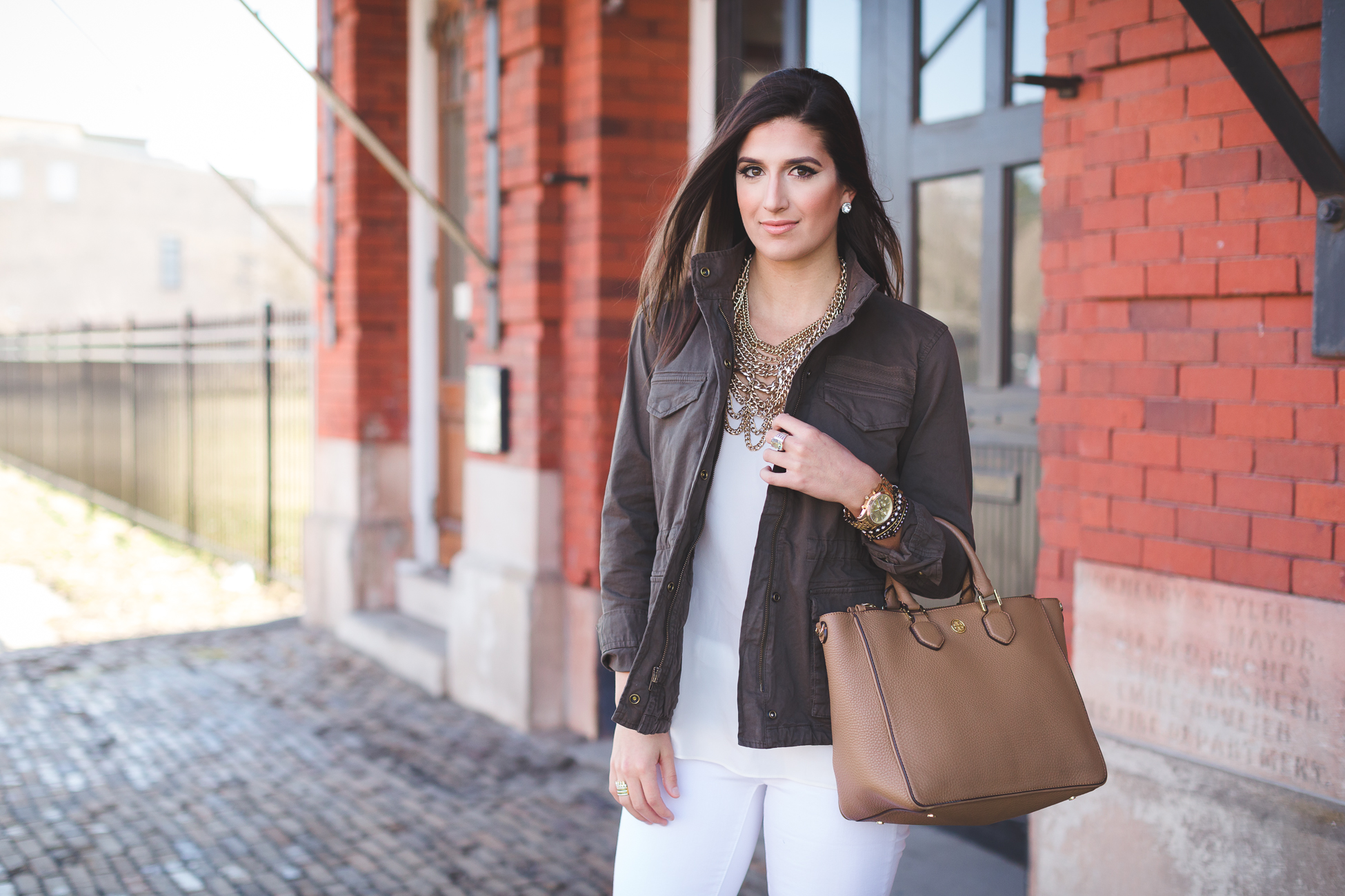 military jacket, utility jacket, green military jacket, hinge fatigue jacket, distressed white skinny jeans, baublebar courtney bib, gold statement bib, transitional piece, spring style, spring fever, spring outfits // grace wainwright from a southern drawl