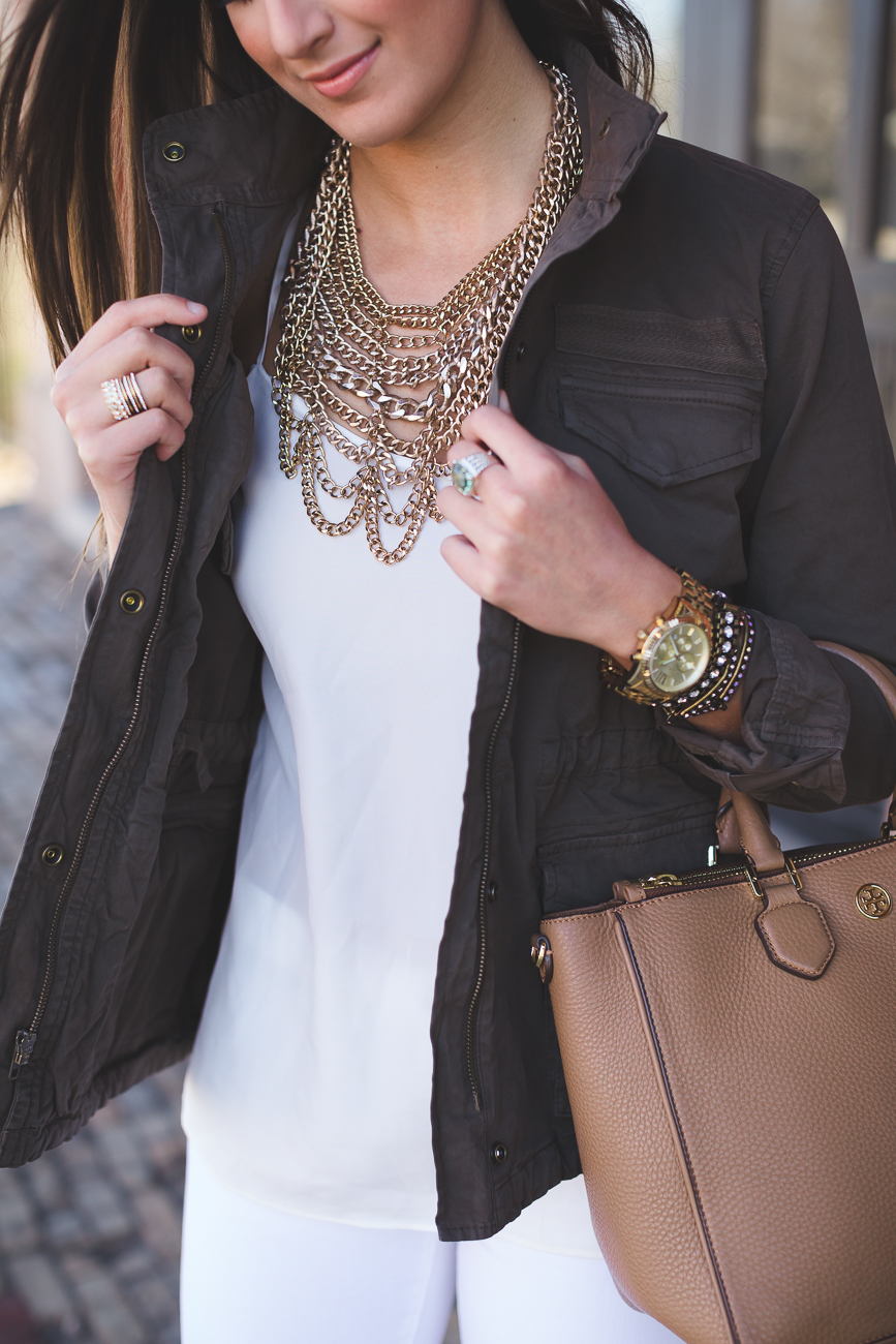 military jacket, utility jacket, green military jacket, hinge fatigue jacket, distressed white skinny jeans, baublebar courtney bib, gold statement bib, transitional piece, spring style, spring fever, spring outfits // grace wainwright from a southern drawl