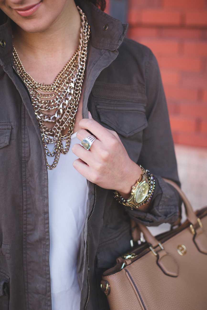 military jacket, utility jacket, green military jacket, hinge fatigue jacket, distressed white skinny jeans, baublebar courtney bib, gold statement bib, transitional piece, spring style, spring fever, spring outfits // grace wainwright from a southern drawl
