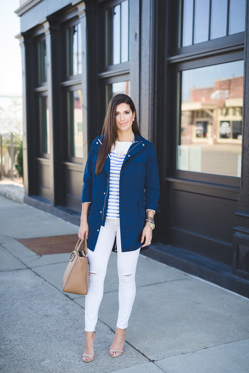navy anorak jacket, madewell anorak, madewell outfit, spring outfit, spring outfit ideas,  spring fashion, metallic stripe tee, j.crew stripe tee, extra large gold monogram necklace, tory burch robinson pebbled square tote, distressed white jeans, steve madden stecy sandals, nude strappy sandals, j.crew metallic stripe tee, j.crew outfit, preppy outfit ideas, preppy spring outfit // grace wainwright from a southern drawl