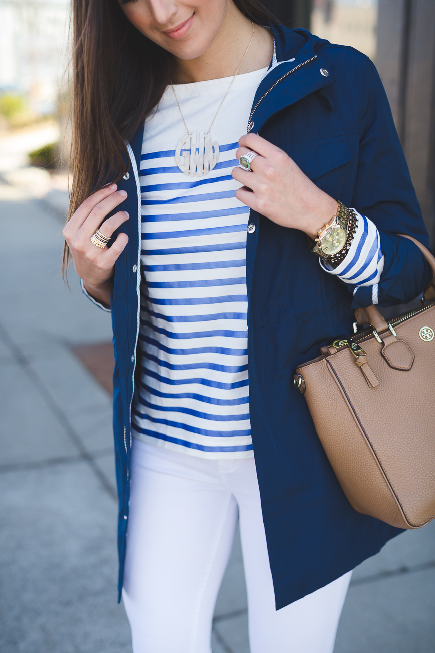 navy anorak jacket, madewell anorak, madewell outfit, spring outfit, spring outfit ideas,  spring fashion, metallic stripe tee, j.crew stripe tee, extra large gold monogram necklace, tory burch robinson pebbled square tote, distressed white jeans, steve madden stecy sandals, nude strappy sandals, j.crew metallic stripe tee, j.crew outfit, preppy outfit ideas, preppy spring outfit // grace wainwright from a southern drawl