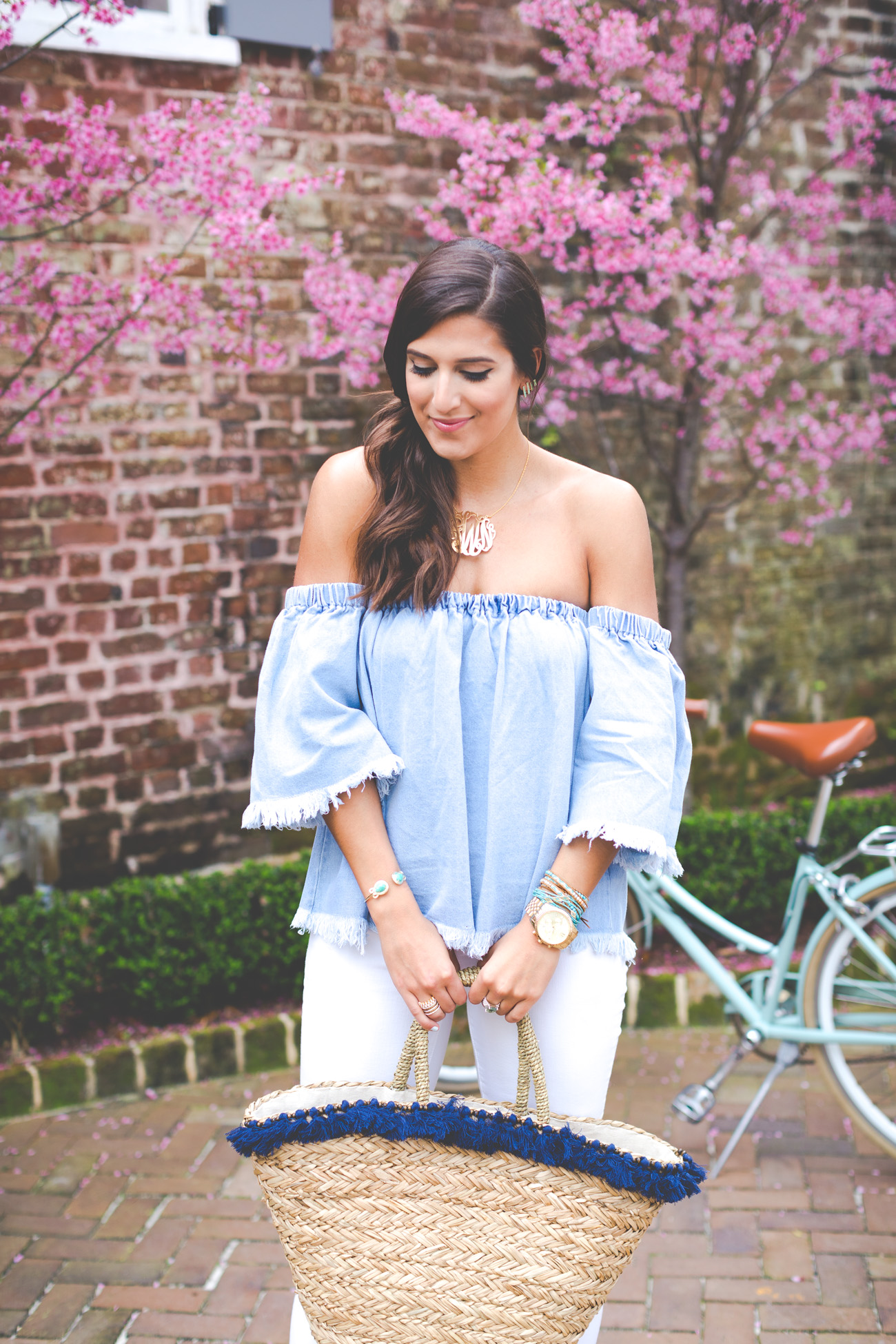 off the shoulder chambray top, chambray shirt, chambray top, off the shoulder top, charleston south carolina, zero george street, bikes charleston, turquoise bikes, tassel straw tote, gold monogram necklace, spring outfit ideas, spring fashion, spring style, spring outfits, spring stylish outfit // grace wainwright from a southern drawl