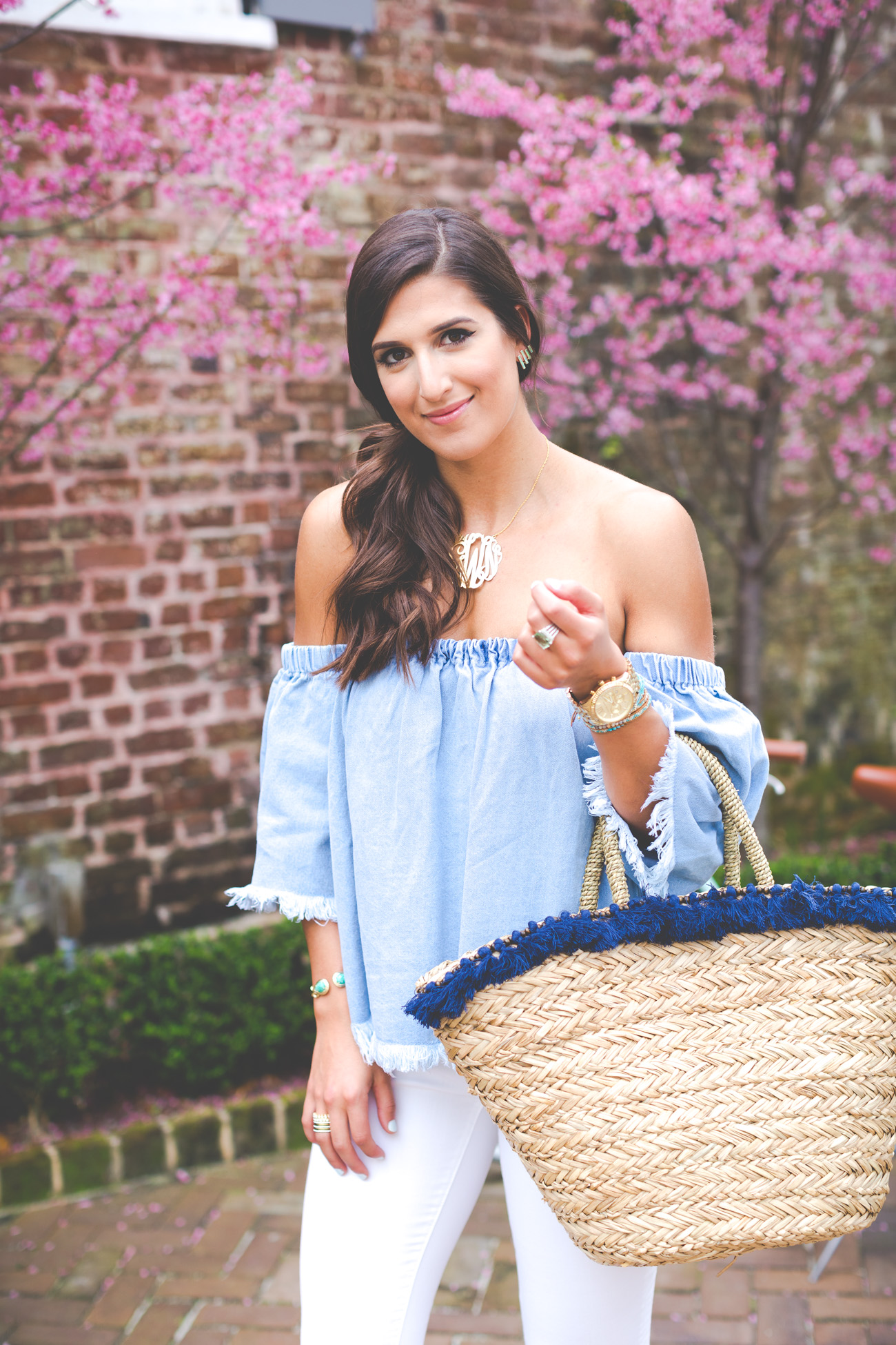 off the shoulder chambray top, chambray shirt, chambray top, off the shoulder top, charleston south carolina, zero george street, bikes charleston, turquoise bikes, tassel straw tote, gold monogram necklace, spring outfit ideas, spring fashion, spring style, spring outfits, spring stylish outfit // grace wainwright from a southern drawl