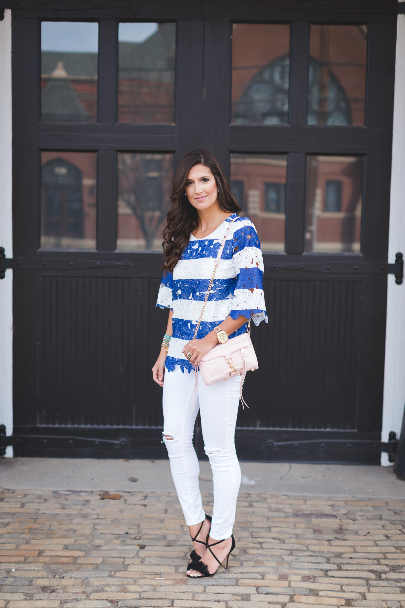 stripe crochet top, stripe smock top, stripe knit top, spring style, spring fashion, stripe spring outfit, fringe heels, sam edelman aisha fringe sandal, fringe heels, chan luu wrap bracelet, rebecca minkoff mini mac crossbody bag, blush crossbody bag // grace wainwright from a southern drawl