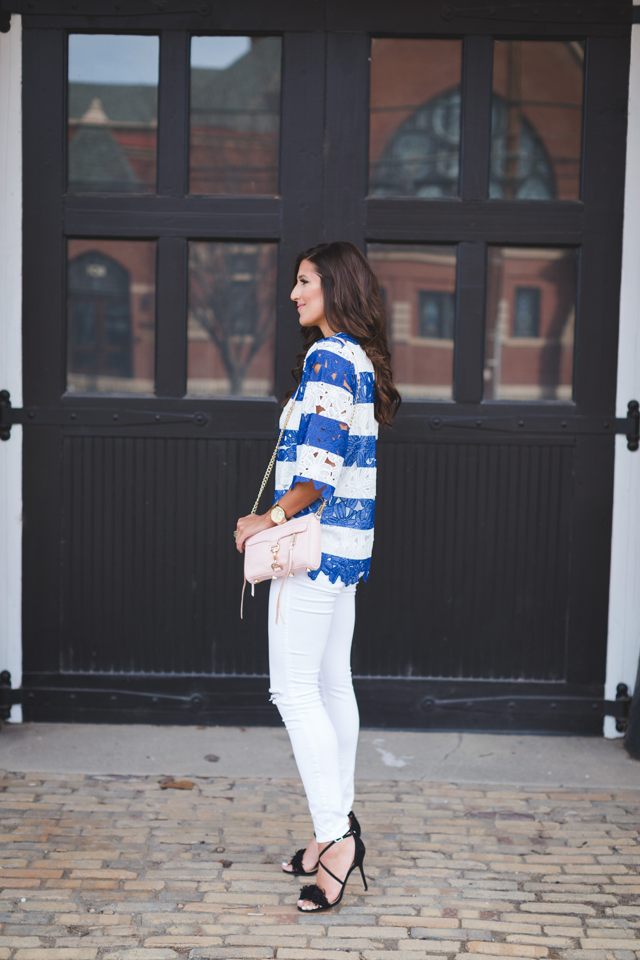 stripe crochet top, stripe smock top, stripe knit top, spring style, spring fashion, stripe spring outfit, fringe heels, sam edelman aisha fringe sandal, fringe heels, chan luu wrap bracelet, rebecca minkoff mini mac crossbody bag, blush crossbody bag // grace wainwright from a southern drawl