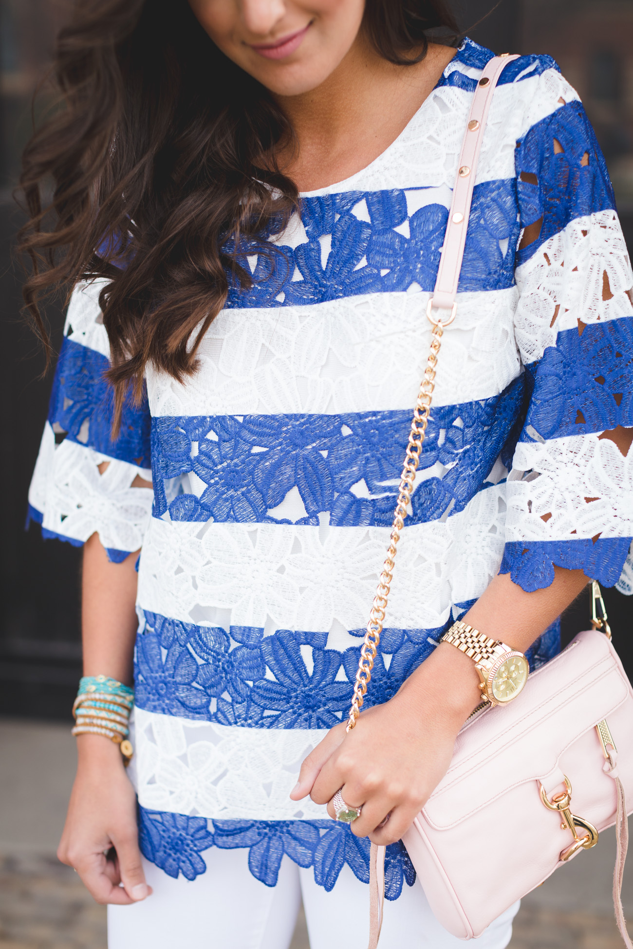 stripe crochet top, stripe smock top, stripe knit top, spring style, spring fashion, stripe spring outfit, fringe heels, sam edelman aisha fringe sandal, fringe heels, chan luu wrap bracelet, rebecca minkoff mini mac crossbody bag, blush crossbody bag // grace wainwright from a southern drawl