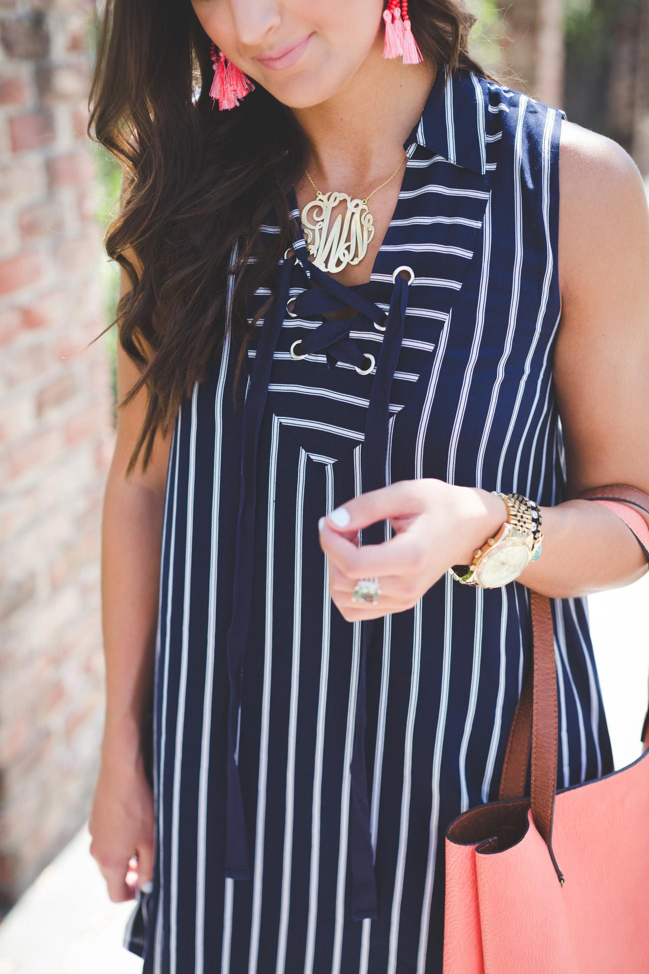 stripe shift dress, stripe dress, charleston south carolina, coral accessories, coral tassel earrings, gold monogram necklace, large monogram necklace, stripe outfit, spring outfit ideas, spring fashion, stripe spring outfit // grace wainwright from a southern drawl