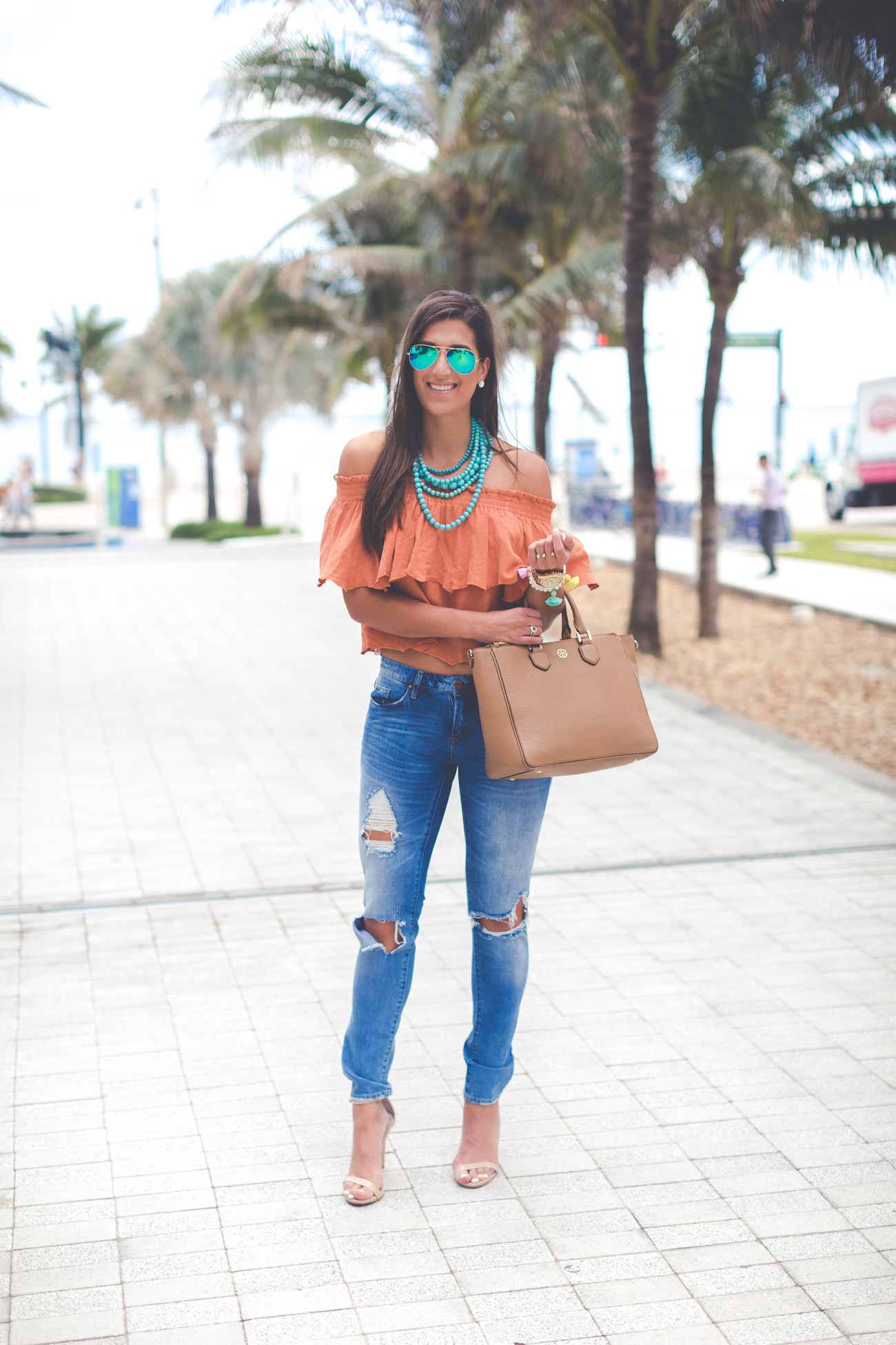 off the shoulder top, turquoise statement necklace, vacation style, vacation outfit, beach outfit, beach fashion, spring break outfit, spring break fashion, somedays lovin off the shoulder top, tassel bracelets, distressed skinny jeans, steve madden stecy sandal, beaded statement necklace, casual fashion, florida outfit // grace wainwright from a southern drawl