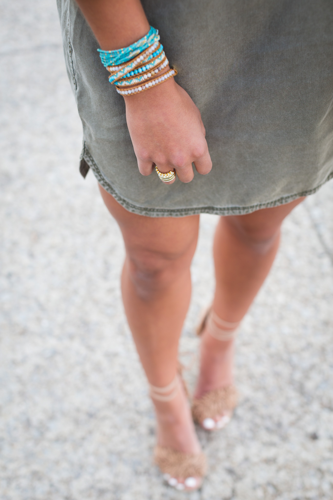 green utility dress, military dress, green knit dress, knit utility dress, soft cotton utility dress, fringe sandals, fringe heels, fringe lace up sandals, turquoise statement necklace, chan luu turquoise wrap bracelets, spring outfits, spring fashion ideas // grace wainwright from a southern drawl