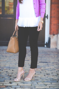 banana republic spring clothes, banana republic outfit, business casual, business outfit, ivory peplum tank, white peplum tank, lilac cardigan sweater, purple cardigan sweater, work attire, gold monogram necklace, preppy work style, work fashion, spring work fashion // grace wainwright from a southern drawl