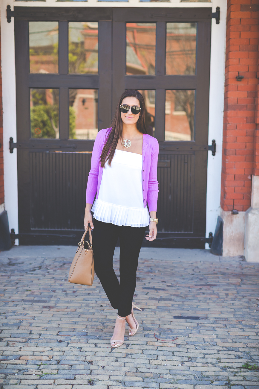 banana republic spring clothes, banana republic outfit, business casual, business outfit, ivory peplum tank, white peplum tank, lilac cardigan sweater, purple cardigan sweater, work attire, gold monogram necklace, preppy work style, work fashion, spring work fashion // grace wainwright from a southern drawl