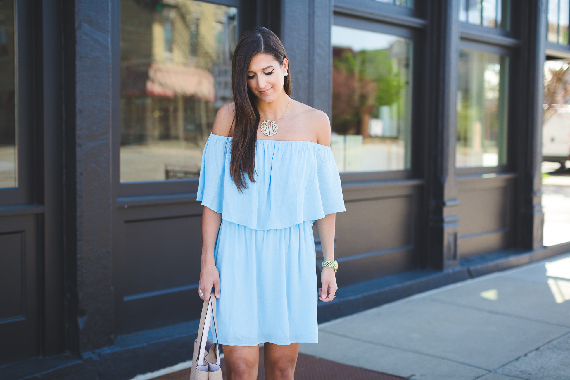 blue off the shoulder dress, feminine off the shoulder dress, spring dress spring fashion, spring style, spring outfit ideas, spring outfits, nordstrom dress, nordstrom outfit, nordstrom off the shoulder dress, everly dress, vince camuto ceara sandal, gold monogram necklace // grace wainwright from a southern drawl