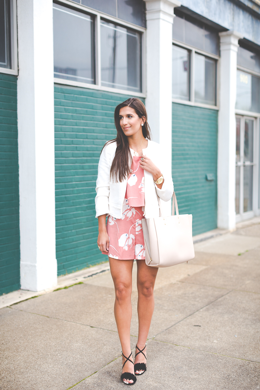 floral romper, floral print romper, floral print popover romper, floral popover romper, affordable spring outfit, affordable print romper, white blazer, ivory blazer, class ivory jacket, sophisticated blazer, extra large gold monogram necklace, fringe sandals, ann taylor outfit, ann taylor signature large tote, spring fashion, spring outfit ideas, floral spring outfit, cute spring outfit, cute floral romper, cute floral outfit // grace wainwright from a southern drawl