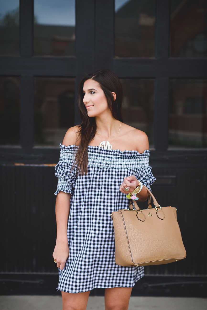 gingham dress, gingham print dress, gingham print off the shoulder dress, gingham print off the shoulder dress, preppy dress, large acrylic monogram necklace, steve madden stecy sandal, spring style, spring fashion, spring outfit ideas, date night outfit ideas // grace wainwright from a southern drawl