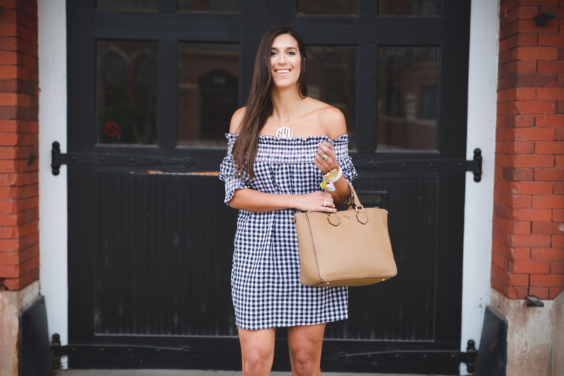 gingham dress, gingham print dress, gingham print off the shoulder dress, gingham print off the shoulder dress, preppy dress, large acrylic monogram necklace, steve madden stecy sandal, spring style, spring fashion, spring outfit ideas, date night outfit ideas // grace wainwright from a southern drawl