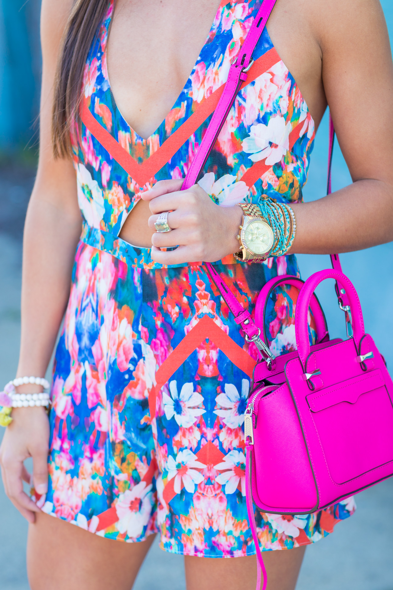 halter romper, cutout romper, halter cutout romper, spring romper, floral print romper, floral romper, nbd romper, nbd x revolve romper, rebecca minkoff micro avery tote, fuchsia crossbody bag, fuchsia tote, pink flash lens aviators, floral outfit, summer romper, summer fashion, summer style, colorful outfit ideas, // grace wainwright a southern drawl