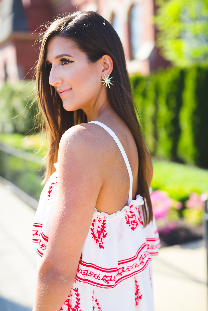 kendra scott summer 2016, kendra scott jewelry, paisley strapless dress, tularosa dress, spring fashion, spring style, spring ruffle dress, kendra scott cuff, statement stud earrings, statement ring // grace wainwright from a southern drawl