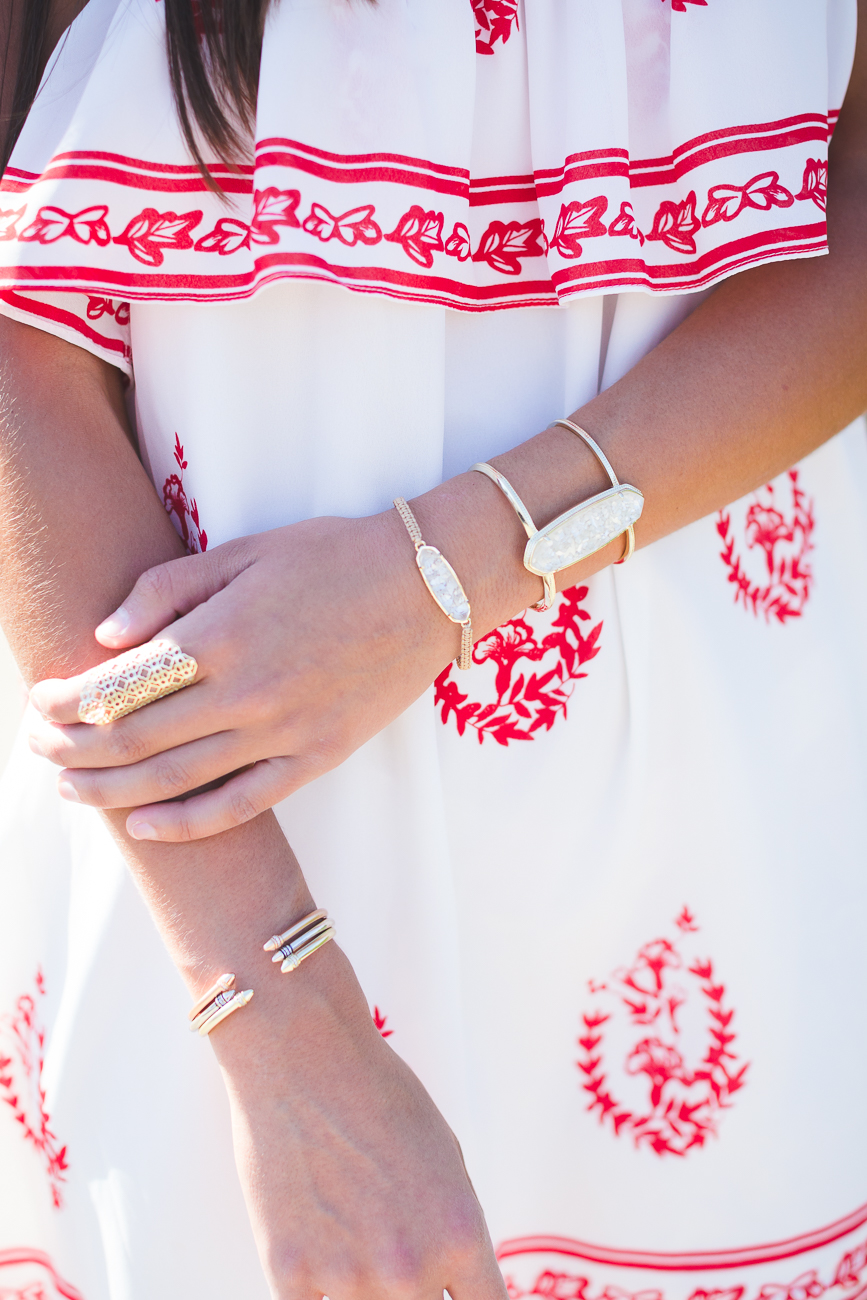 kendra scott summer 2016, kendra scott jewelry, paisley strapless dress, tularosa dress, spring fashion, spring style, spring ruffle dress, kendra scott cuff, statement stud earrings, statement ring // grace wainwright from a southern drawl