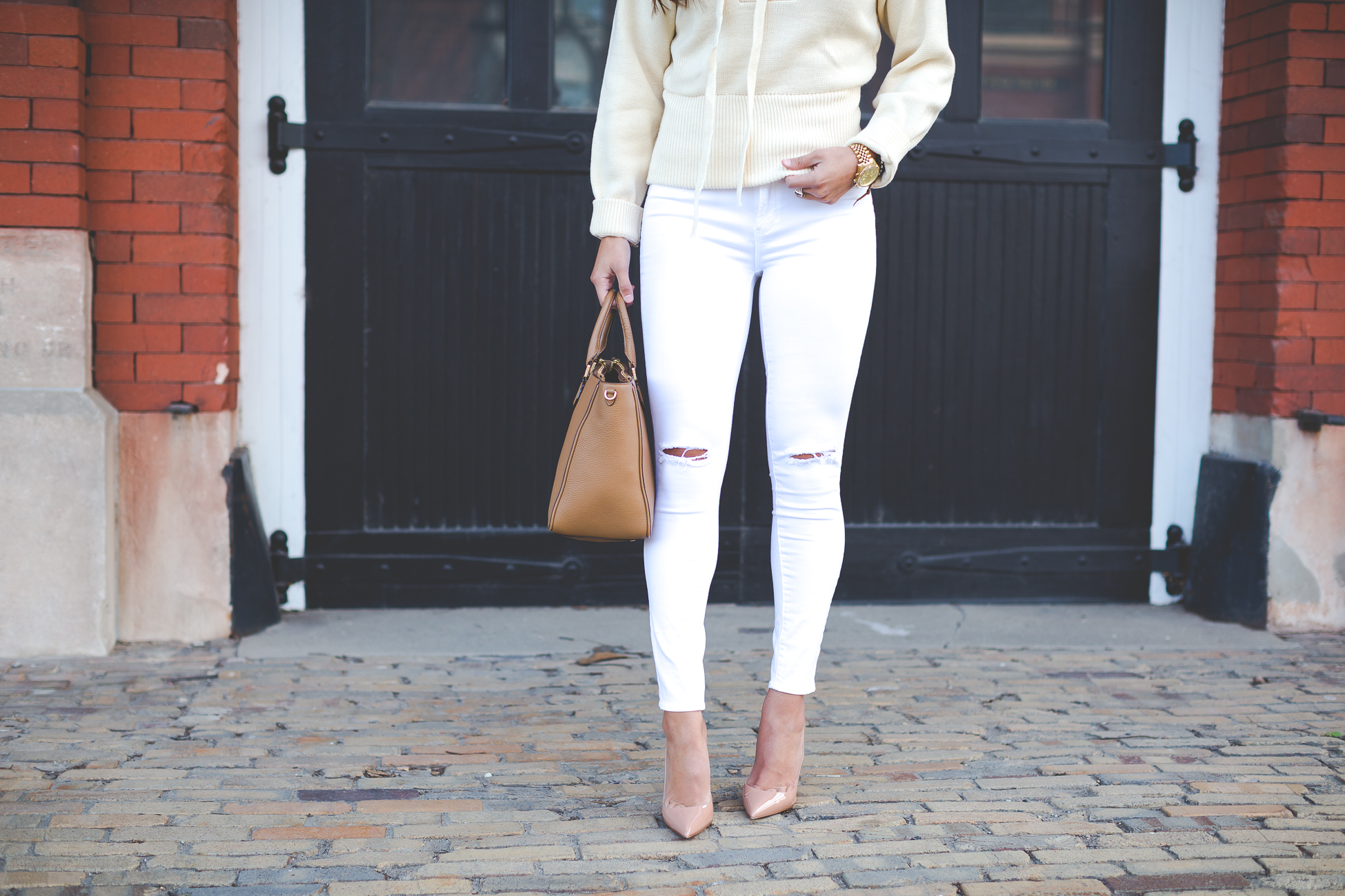 lace up sweater, lace up top, spring fashion, white distressed skinny jeans, white jeans, nasty gal lace up sweater, casual spring outfit, spring fashion, date night outfit ideas, date night fashion, louisville fashion blogger, kentucky fashion blogger, nude christian louboutin so kate pumps // grace wainwright from a southern drawl