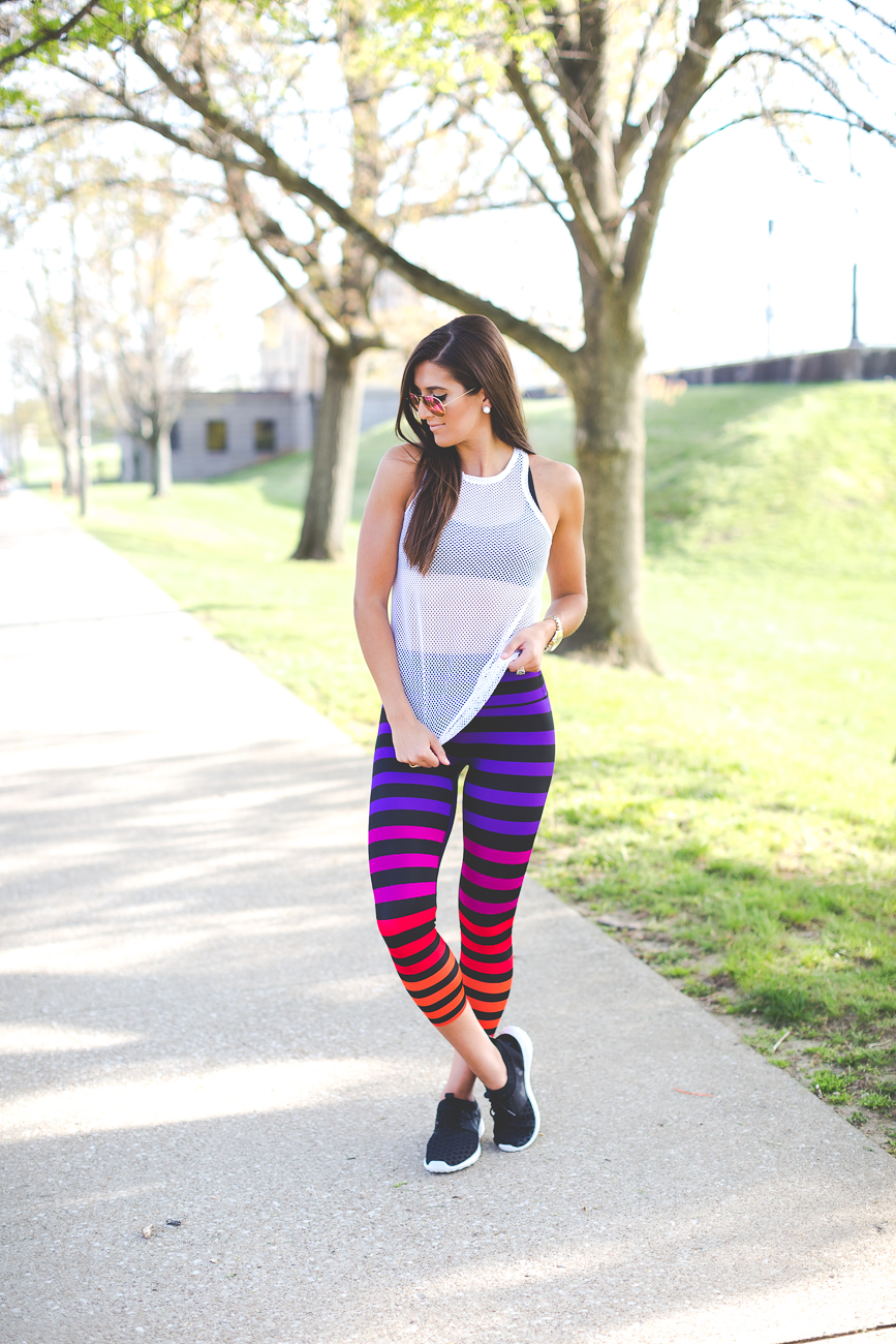 mesh racerback tank, stripe workout leggings, stripe leggings, carbon38 activewear, athleisure, nike juvenate sneaker, mesh tank, strappy sports bra, weekly workout routine, daily workout routine, daily fitness routine, leg workouts, leg exercises, glute exercises, arm workouts, female weightlifting routine // grace wainwright a southern drawl