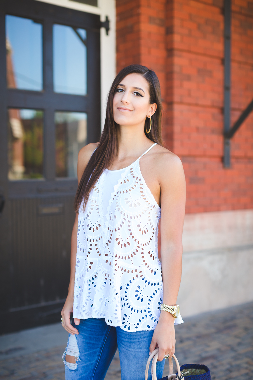 mar y sol capri tote, mar y sol capri woven tote, stripe straw tote, eyelet tunic, free people tunic, free people eyelet top, blank denim distressed jeans, blanknyc distressed jeans, nordstrom eyelet top, spring fashion, spring style, spring trends, vince camuto sandals, mar y sol tote, stripe pom tote // grace wainwright from a southern drawl