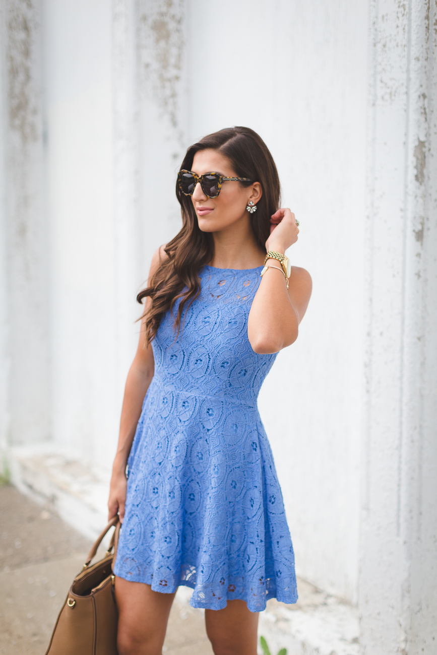 blue lace fit and flare dress